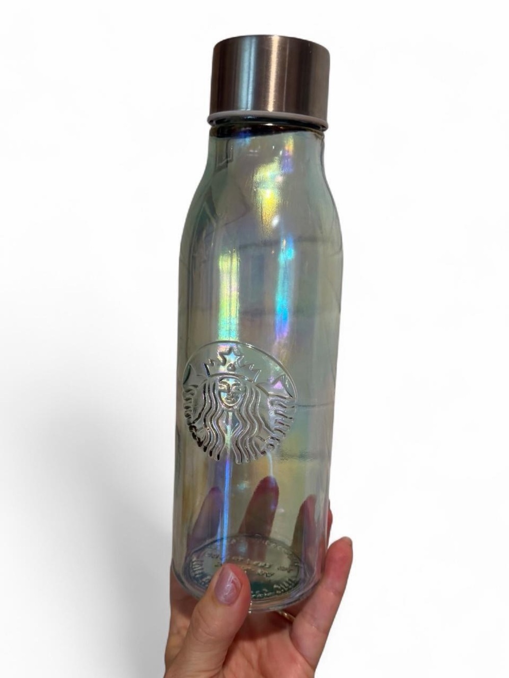 Starbucks Iridescent Recycled Glass Water Bottle Made in SPAIN 20 oz Rainbow